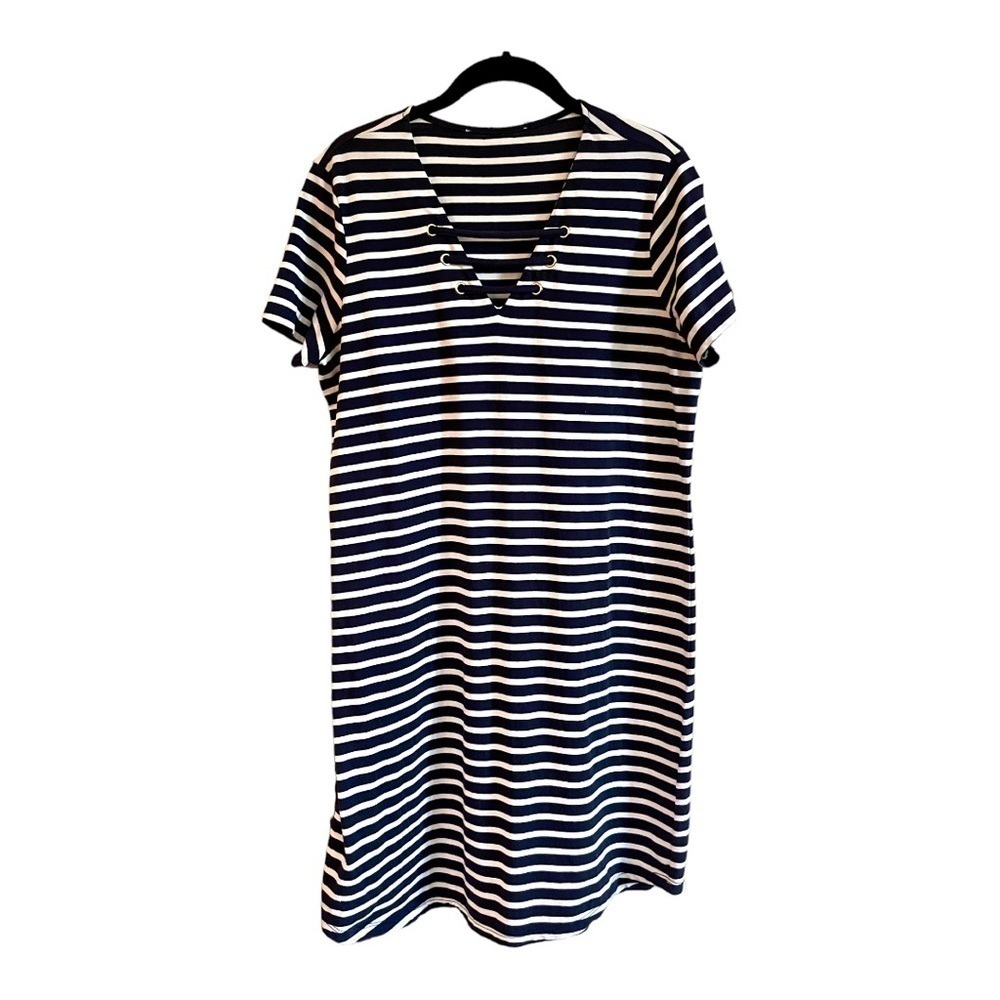 MICHAEL KORS, WOMENS NAUTICAL THEMED, SHORT SLEEVE DRESS IN NAVY BLUE & WHITE.